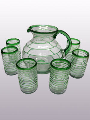 MEXICAN GLASSWARE / Emerald Green Spiral 120 oz Pitcher and 6 Drinking Glasses set / Swirls of emerald green embelish this set, perfect for serving cool drinks on a hot summer day.